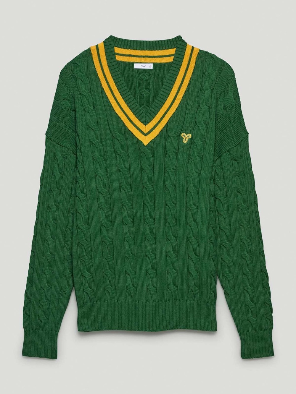 Aritzia Tna Clay Sweater Green Cable-Knit V-Neck Sweater with Yellow Trim Sz L